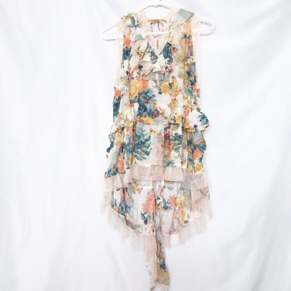By Anthropologie Sleeveless Trailing Ruffle Blouse Floral Print Lace Trim Large - Picture 6 of 12